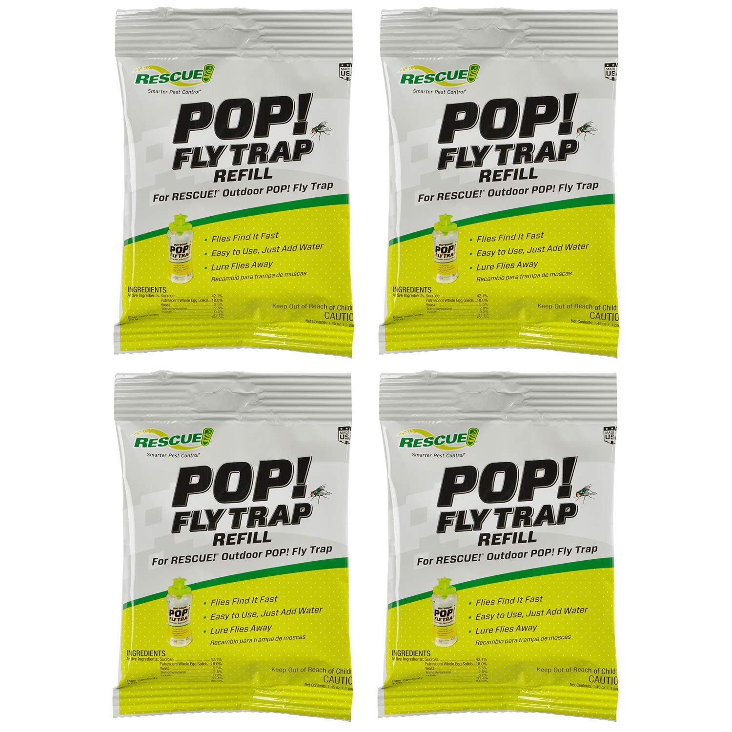 RESCUE! POP! Fly Trap Bait Refill outdoors four-pack attracts common flies.