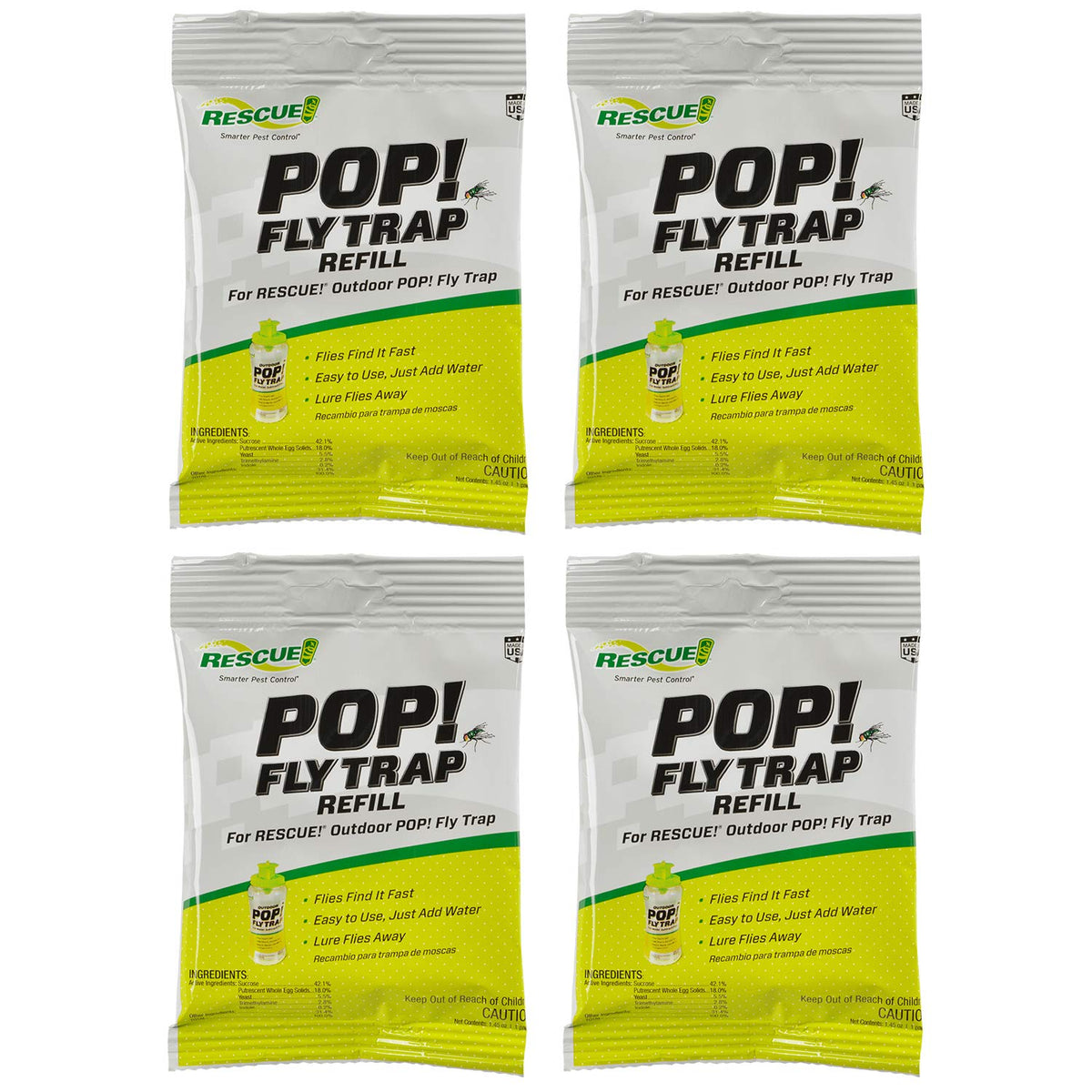 RESCUE! POP! Fly Trap Bait Refill outdoors four-pack attracts common flies.