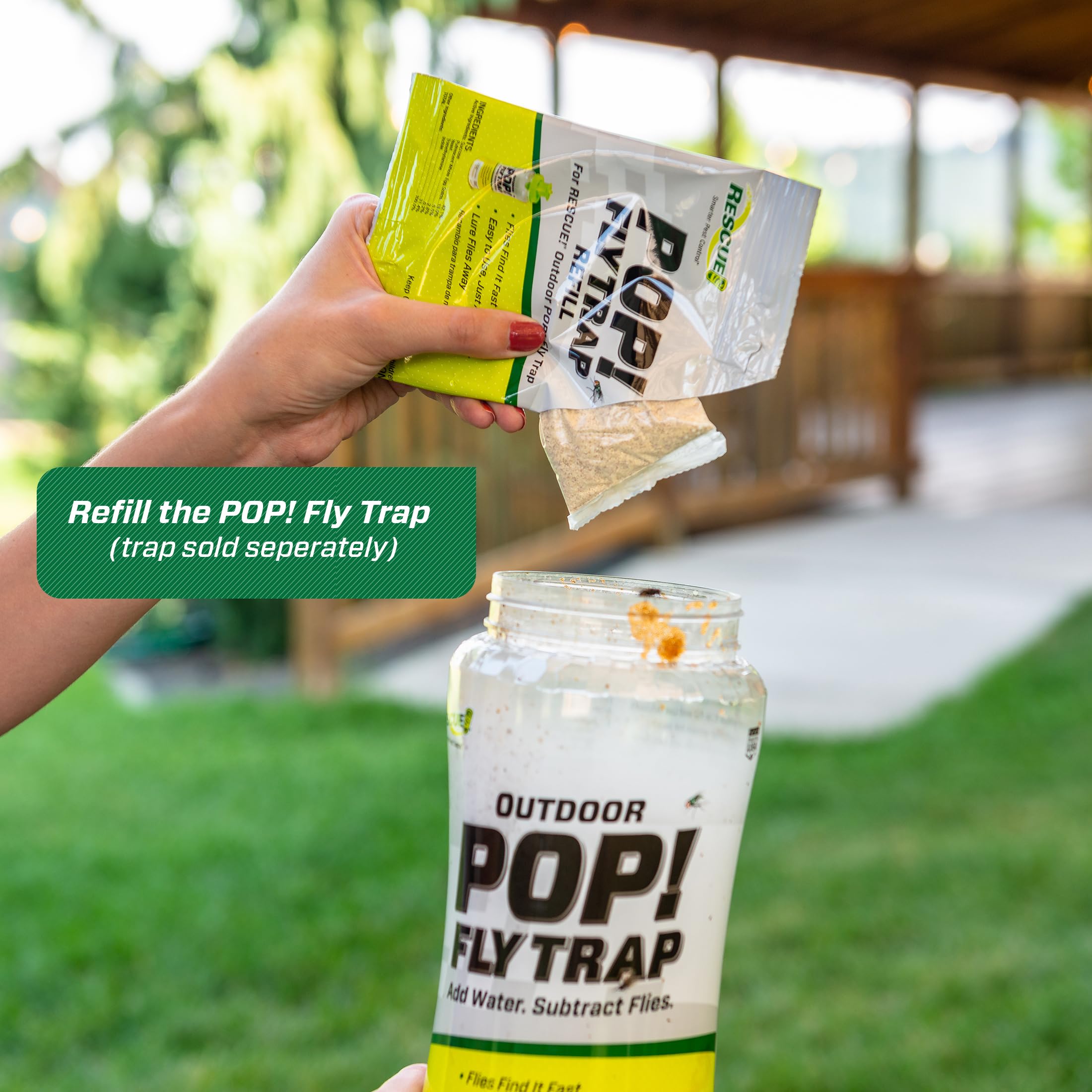 Place RESCUE! POP! Fly Trap Bait Refill outside placement supports fly monitoring.
