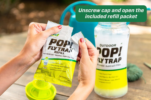 RESCUE! POP! Fly Trap refill packet highlights easy reuse and reduced waste.