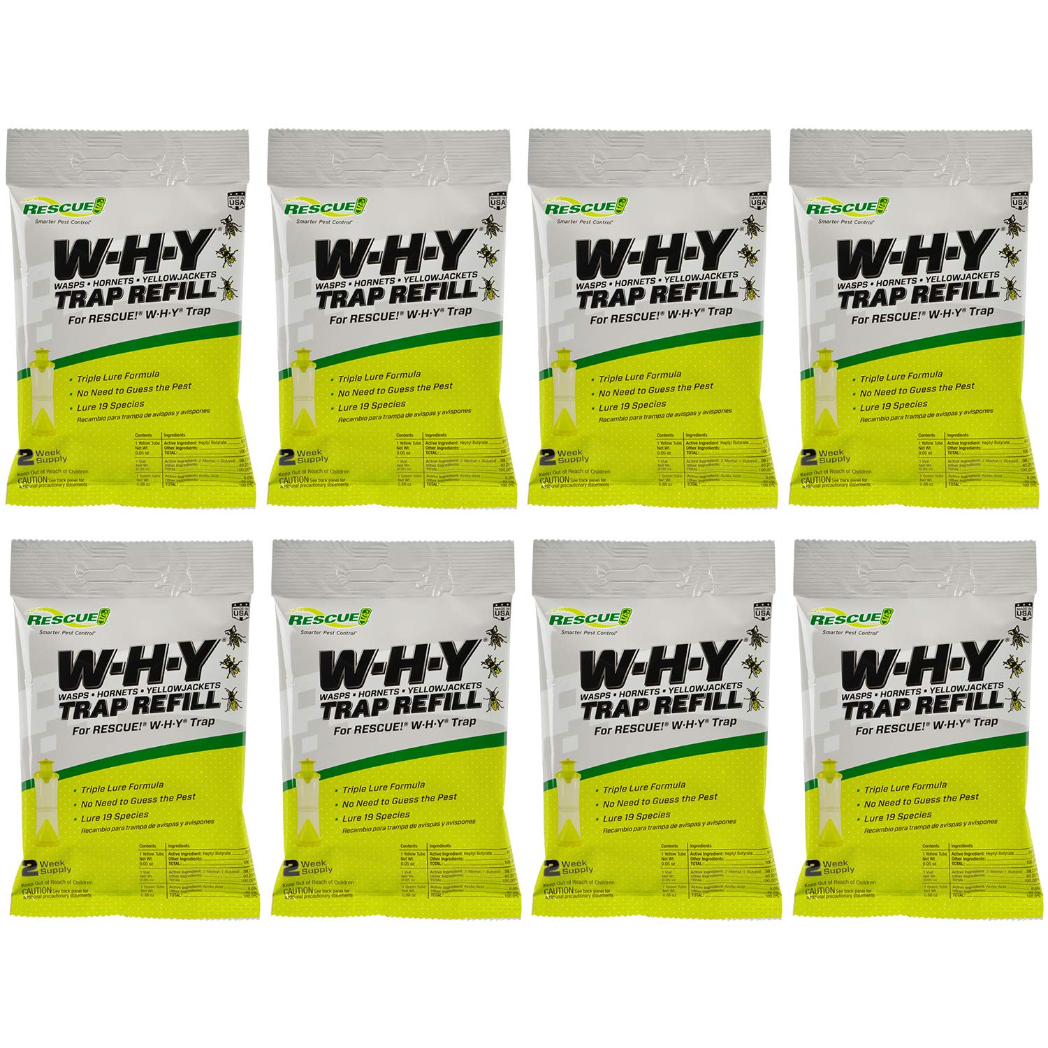 RESCUE! WHY Trap refill 8-pack shown for outdoor use and long-lasting attractant.