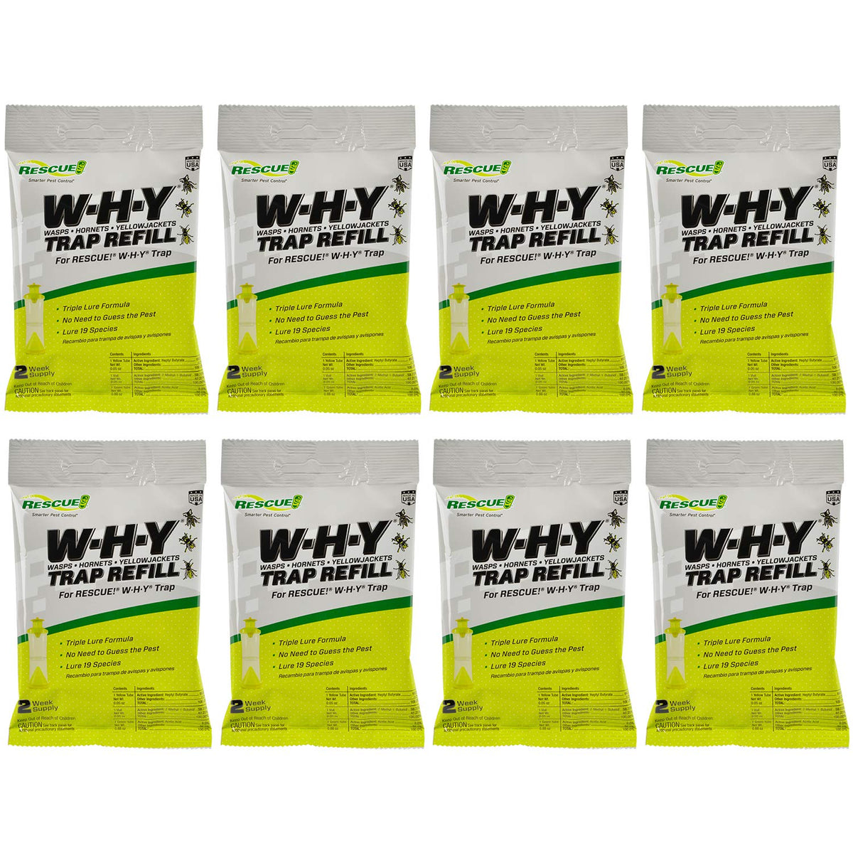RESCUE! WHY Trap refill 8-pack shown for outdoor use and long-lasting attractant.