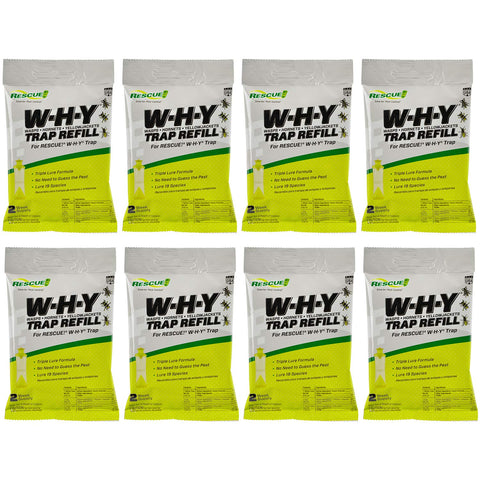 RESCUE! WHY Trap refill 8-pack shown for outdoor use and long-lasting attractant.