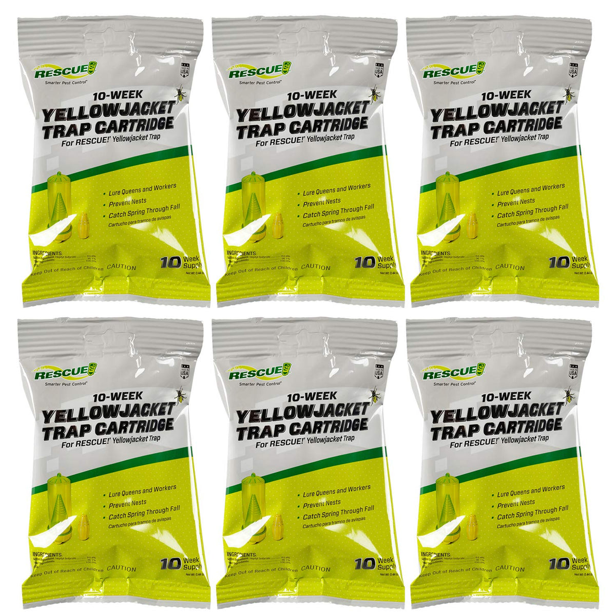 RESCUE! yellowjacket attractant cartridge package shows 10-week supply for use with RESCUE traps.