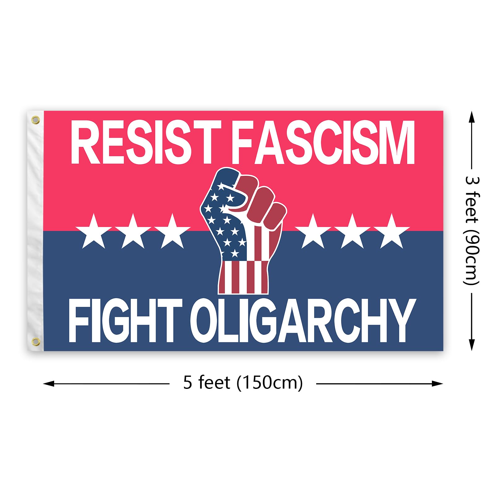 Close-up of Resist Fascism flag brass grommets on display.