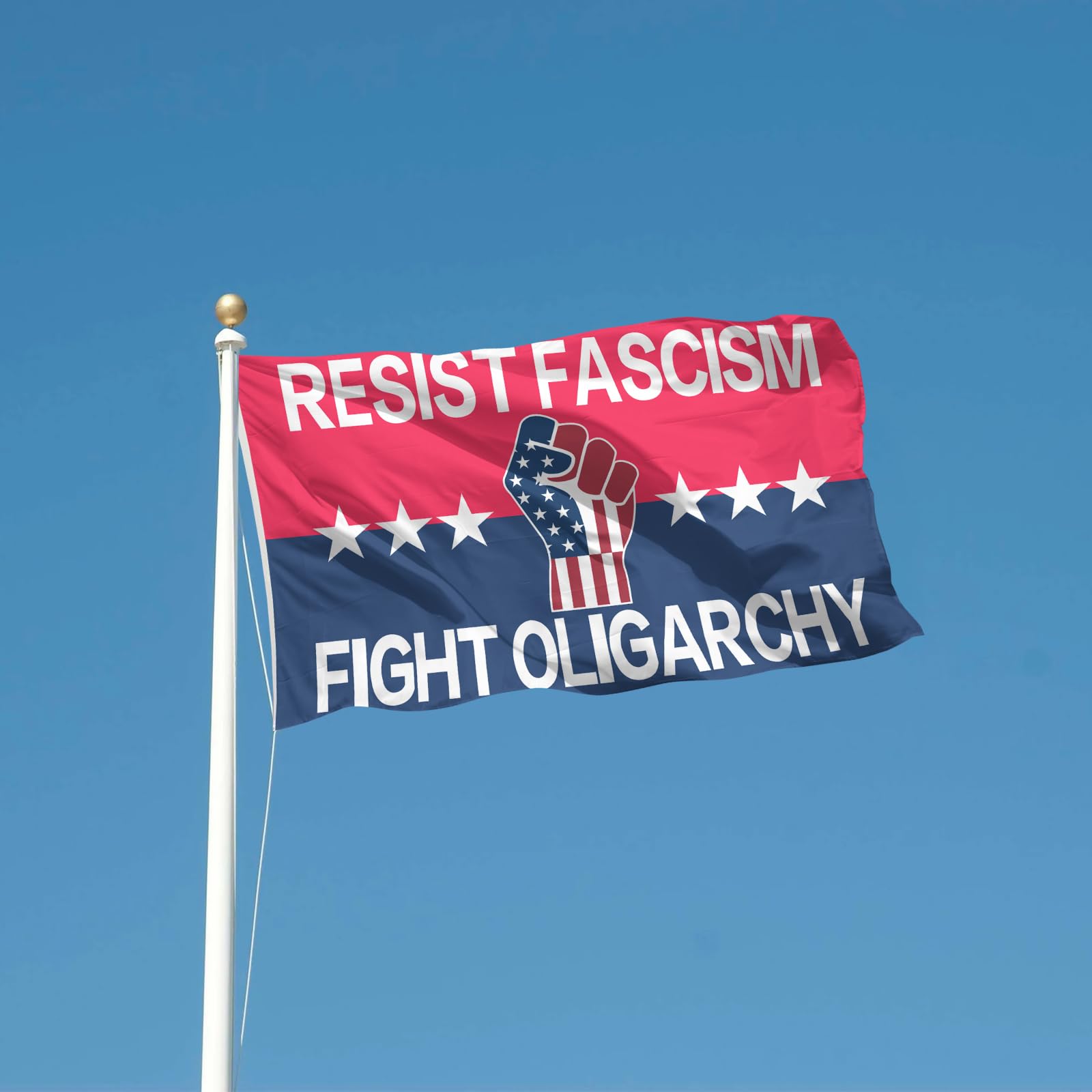 Resist Fascism flag with double-stitched edges for durability.