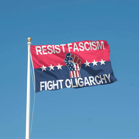 Resist Fascism flag with double-stitched edges for durability.