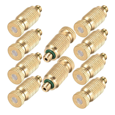 RESNSTAR brass misting nozzle close-up showing rust-resistant durability for outdoor use.