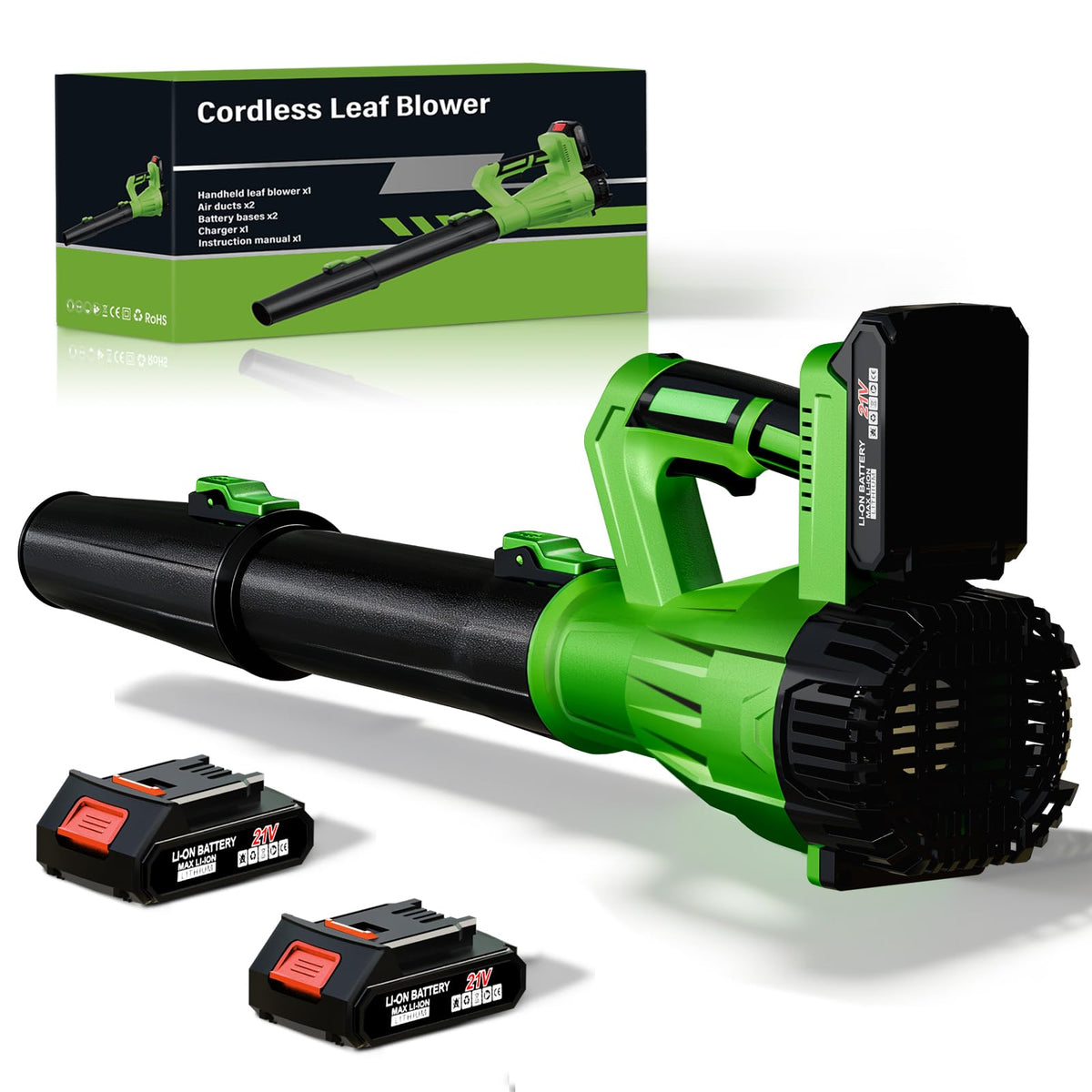 Restaswork cordless leaf blower with 21V battery setup for quick yard cleanup.