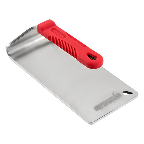 Restaurantware Met Lux steak press side view showing removable red silicone handle for cool grip