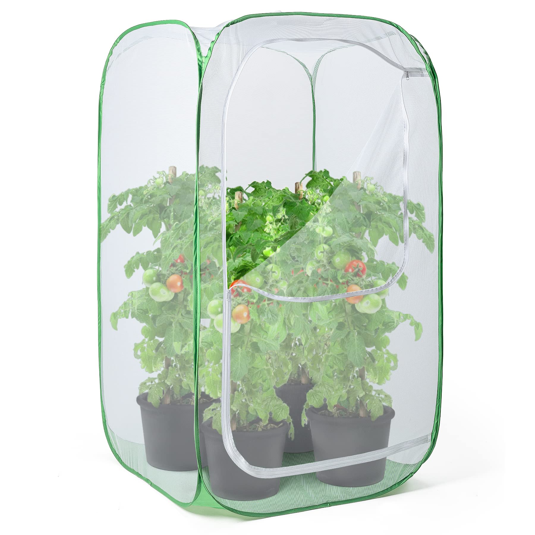 RESTCLOUD 36-inch mesh enclosure viewed from angle, protecting tall potted plants from birds.