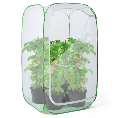 RESTCLOUD 36-inch mesh enclosure viewed from angle, protecting tall potted plants from birds.
