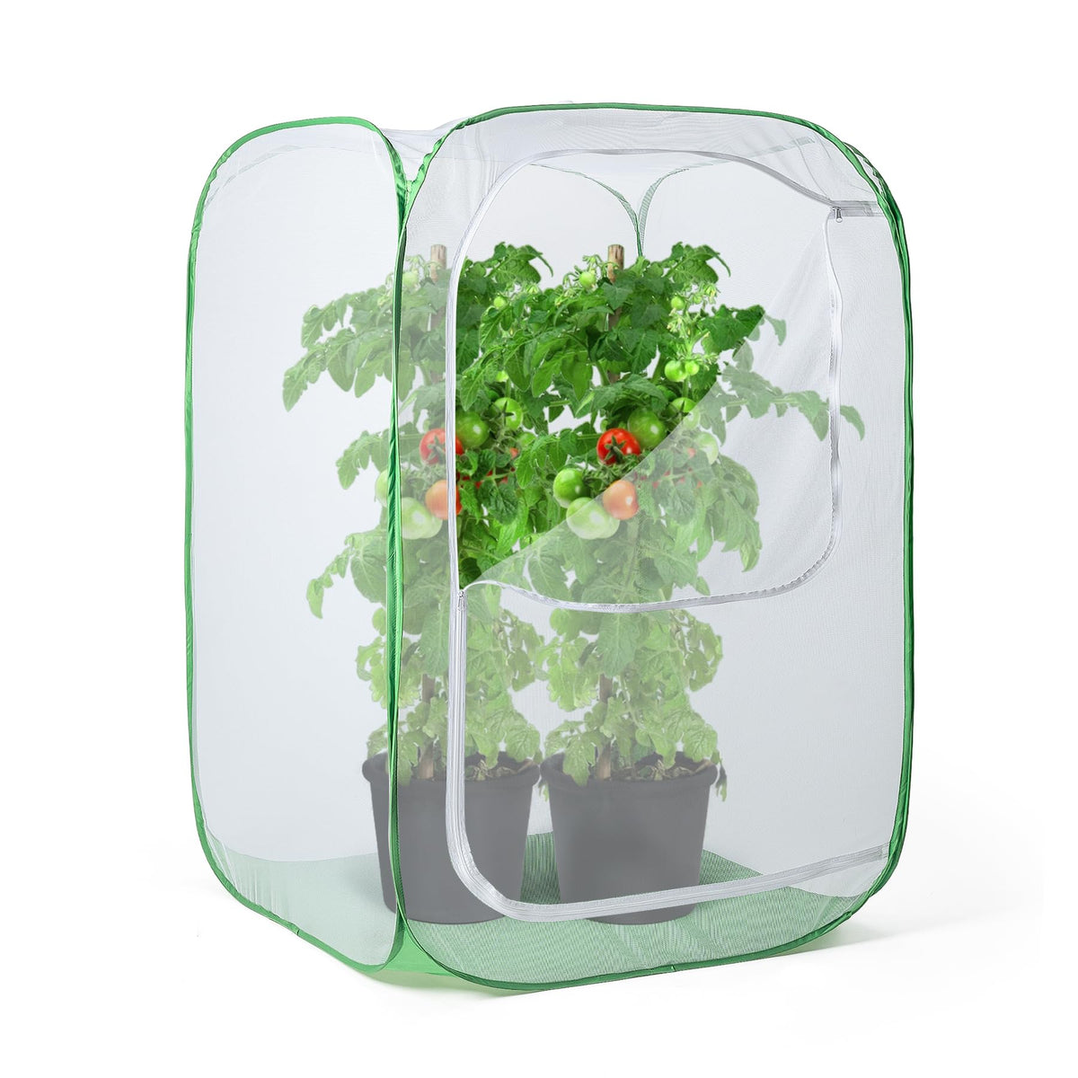 RESTCLOUD outdoor mesh plant enclosure protecting tall potted plants.