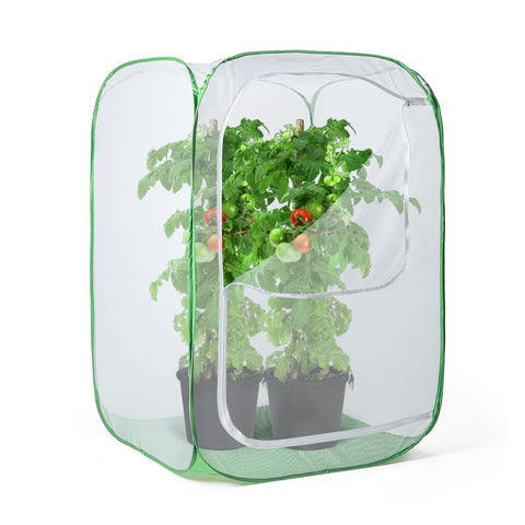 RESTCLOUD outdoor mesh plant enclosure protecting tall potted plants.