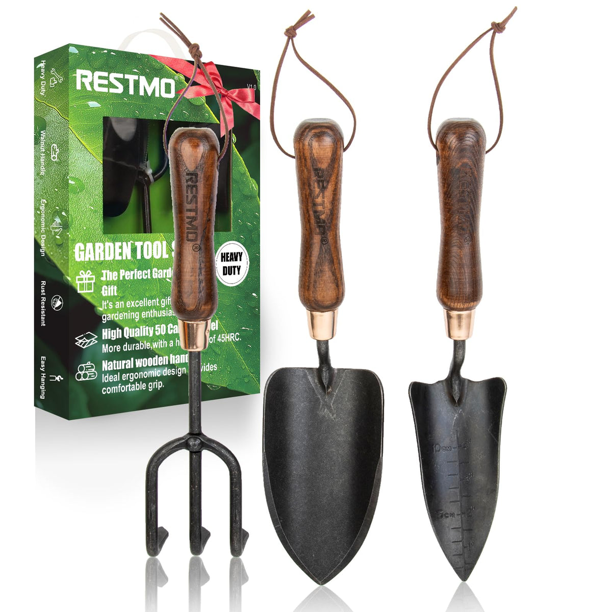 Restmo 3-in-1 garden tools set with ergonomic wooden handles for comfortable digging and transplanting.