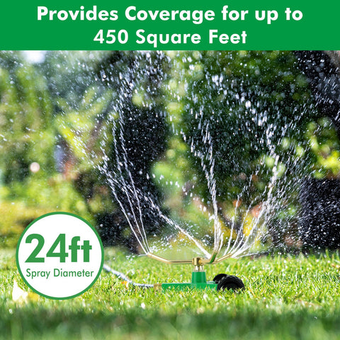 Restmo 360-degree rotation sprinkler arm delivers full coverage around flower beds for efficient watering.