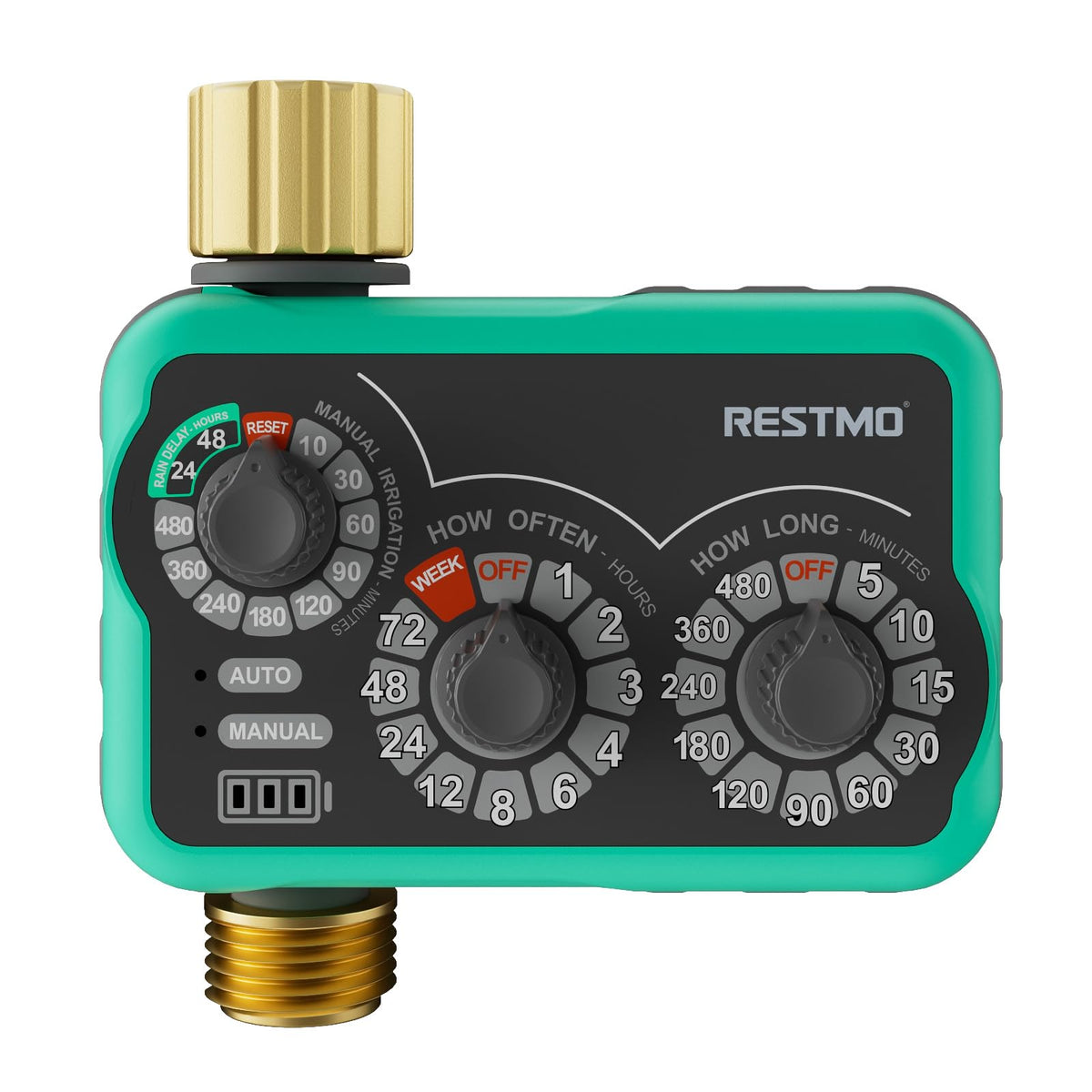 Restmo 3-Dial sprinkler timer front view for easy garden watering