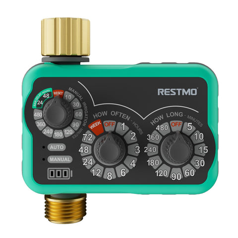 Restmo 3-Dial sprinkler timer front view for easy garden watering