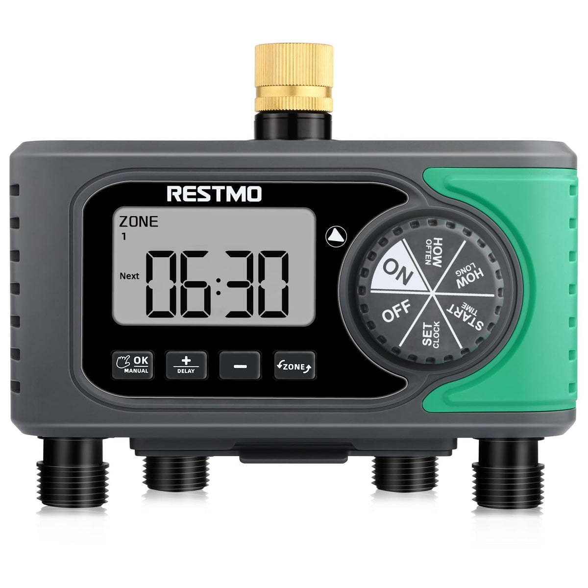 RESTMO 4-outlet sprinkler timer with brass inlet for reliable outdoor watering