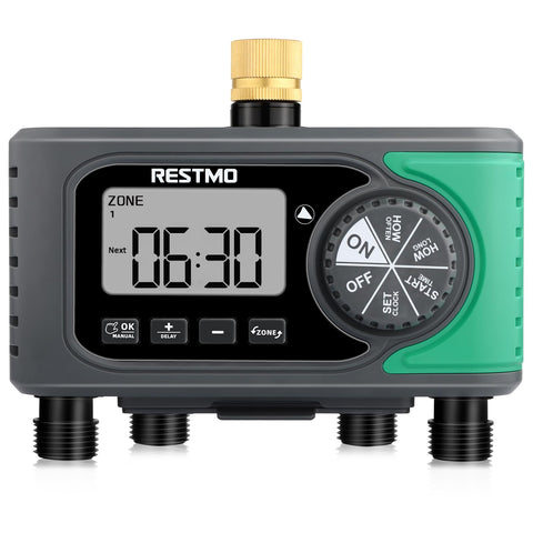 RESTMO 4-outlet sprinkler timer with brass inlet for reliable outdoor watering