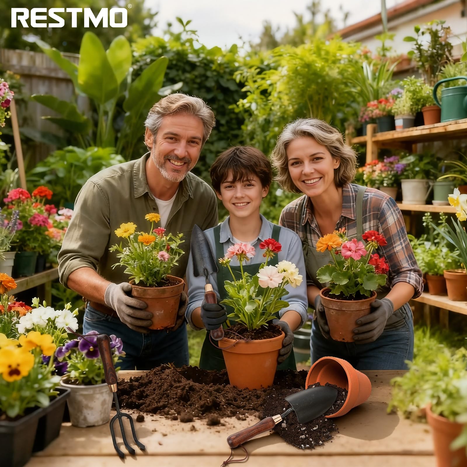 Restmo detailed wood-handled tools highlight quality and grip.