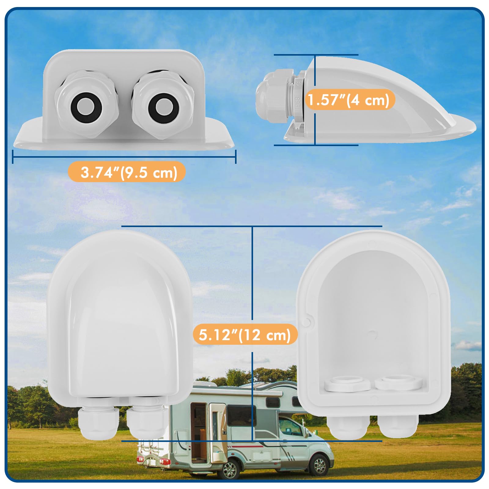 Restmo dual cable entry gland enabling DC power, aerial, or satellite wiring.