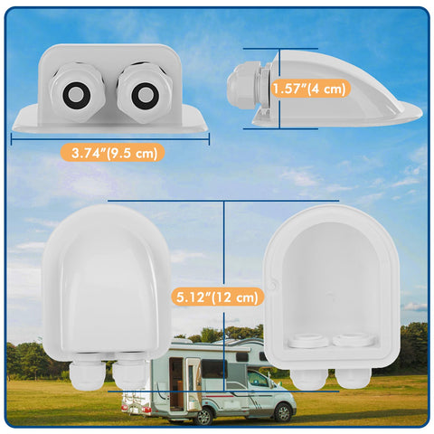 Restmo dual cable entry gland enabling DC power, aerial, or satellite wiring.