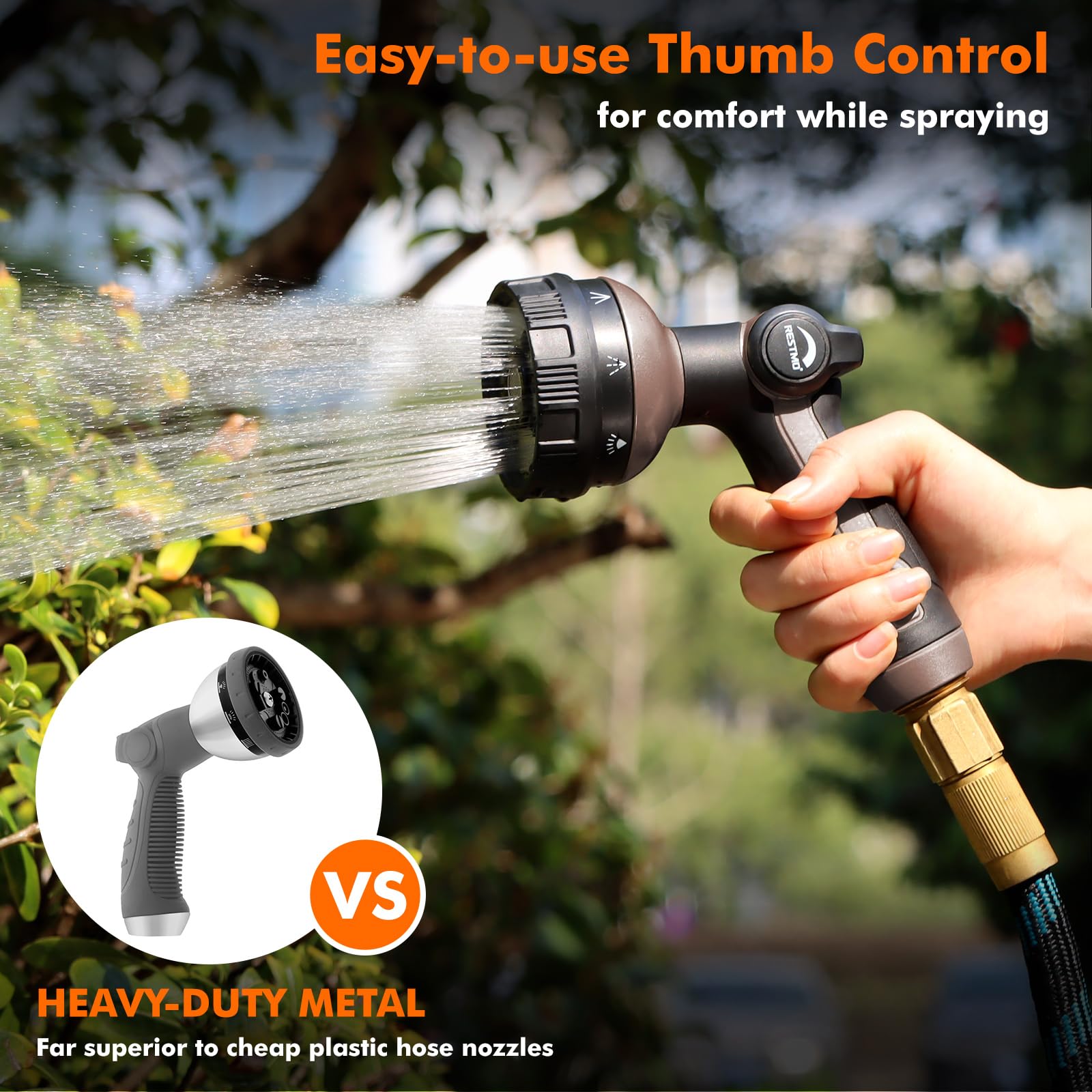 Restmo durable metal nozzle is suitable for car washing, pet washing, and garden chores.