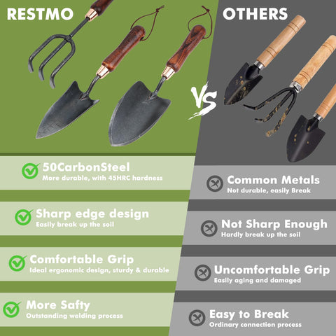 Restmo durable metal tools in action for digging and cultivation.