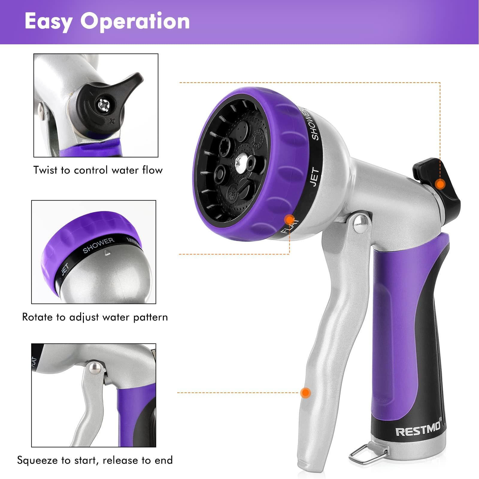 RESTMO ergonomic, non-slip grip reduces hand fatigue during use.