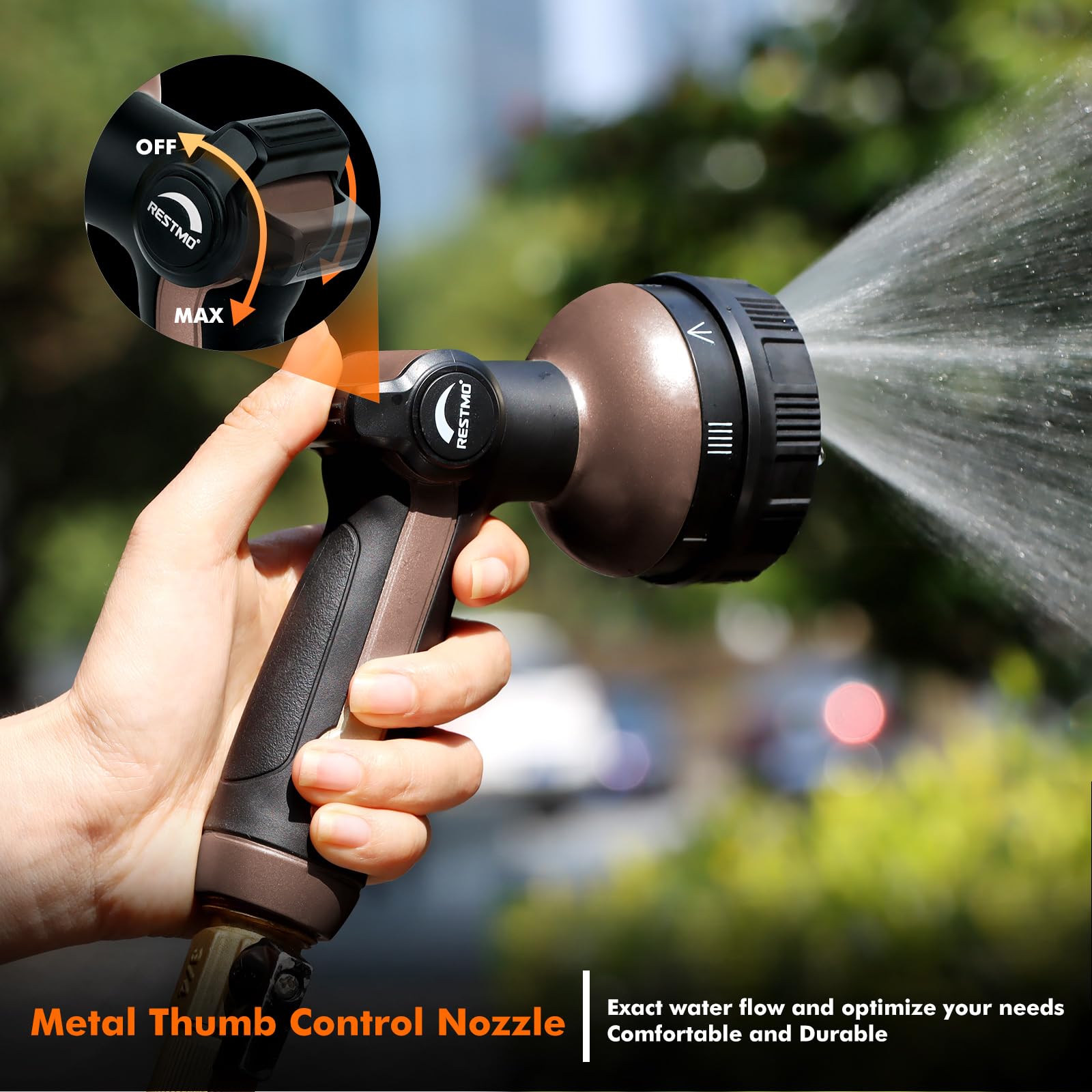 Restmo ergonomic, non-slip handle reduces fatigue during long watering tasks.