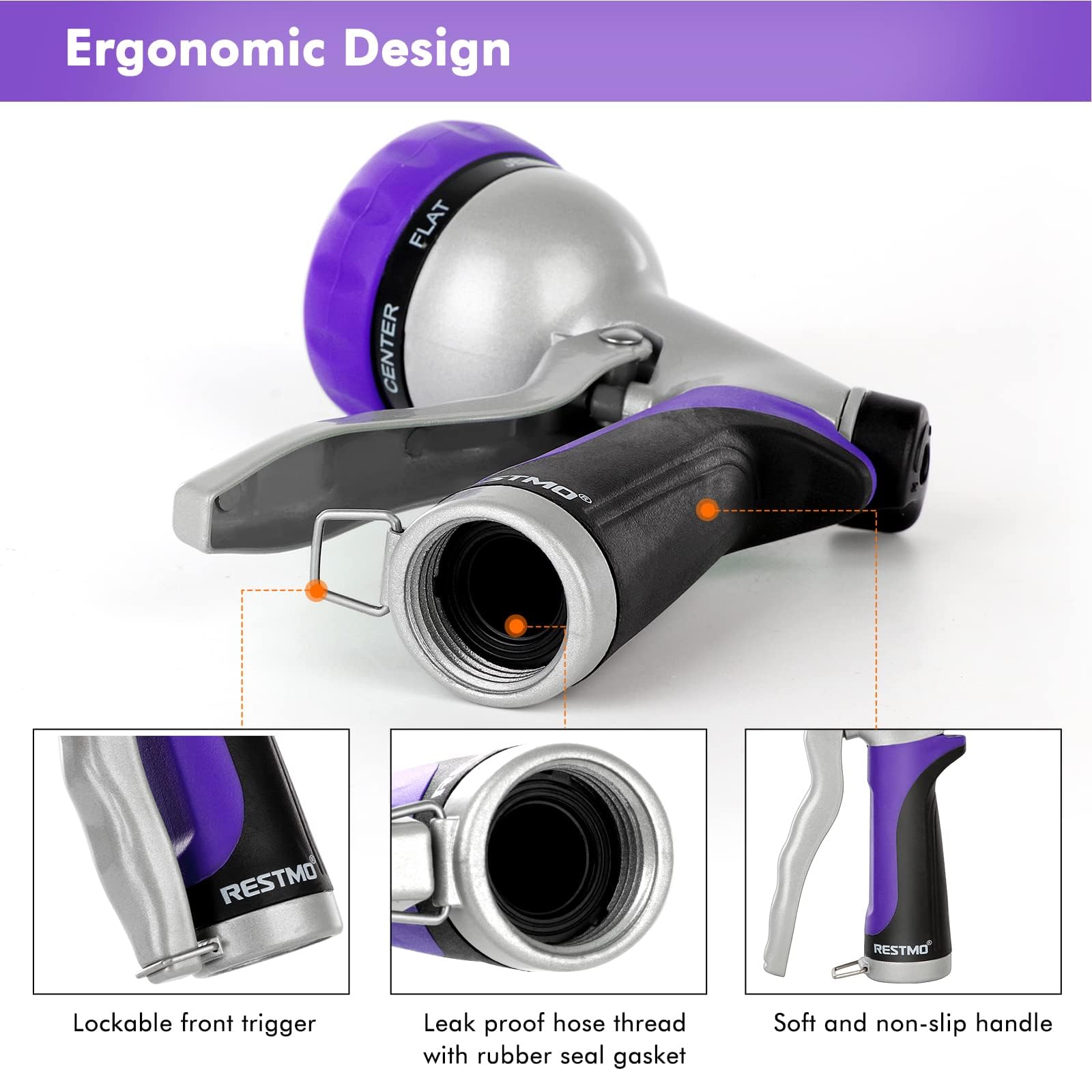 RESTMO nozzle connected to standard hose with leak-free 3/4-inch NH thread.