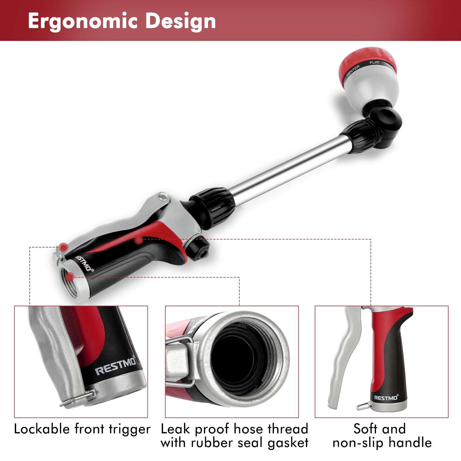 Restmo flow control knob allows adjustable pressure for precise watering.