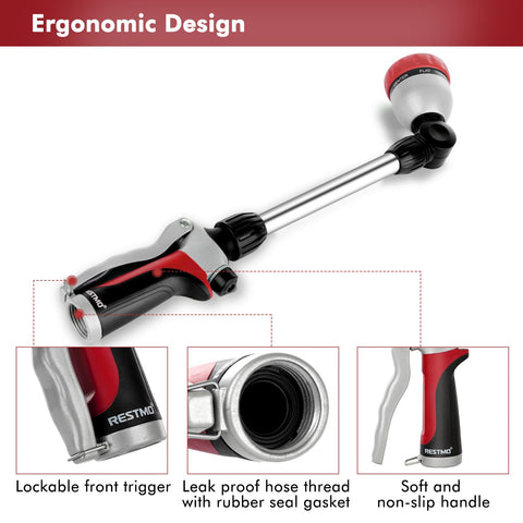 Restmo flow control knob allows adjustable pressure for precise watering.