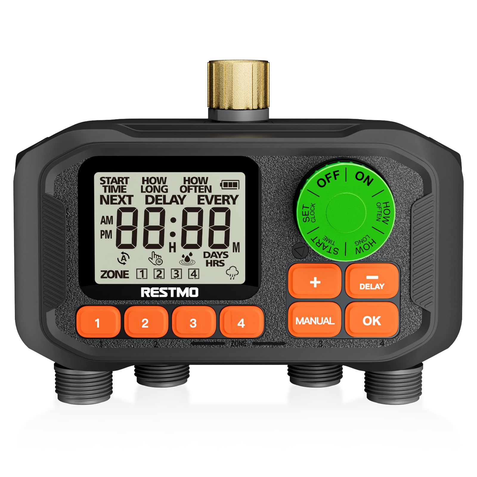 Restmo four-zone sprinkler timer with brass inlet for reliable outdoor watering.