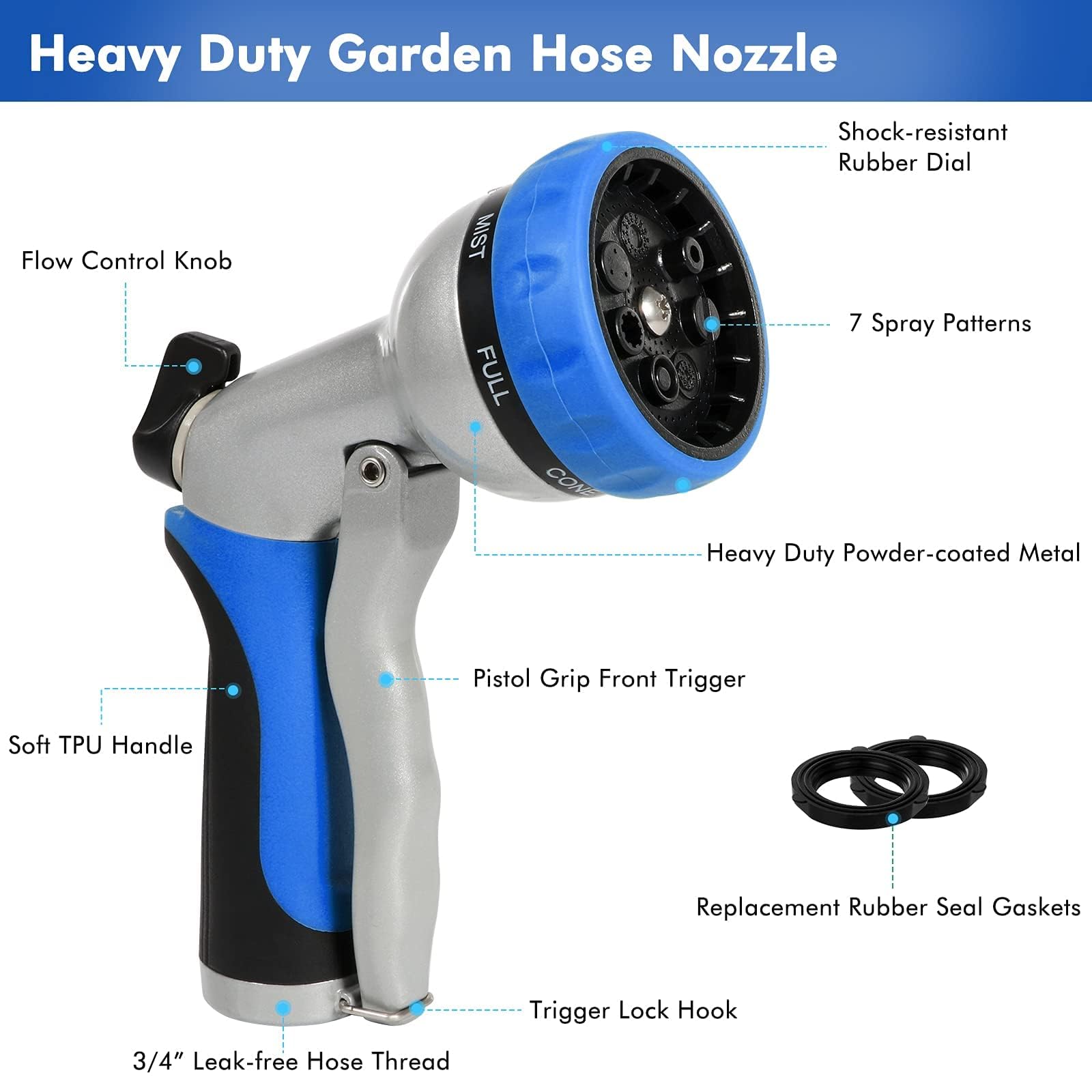 RESTMO garden hose nozzle dial showing 7-pattern selector enabling versatile watering tasks.