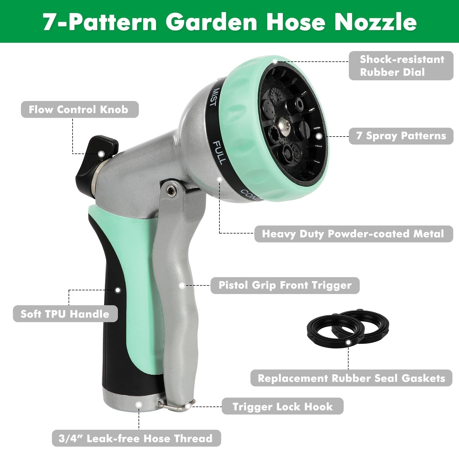Restmo garden hose nozzle dial-patterns close-up showing seven versatile spray options.