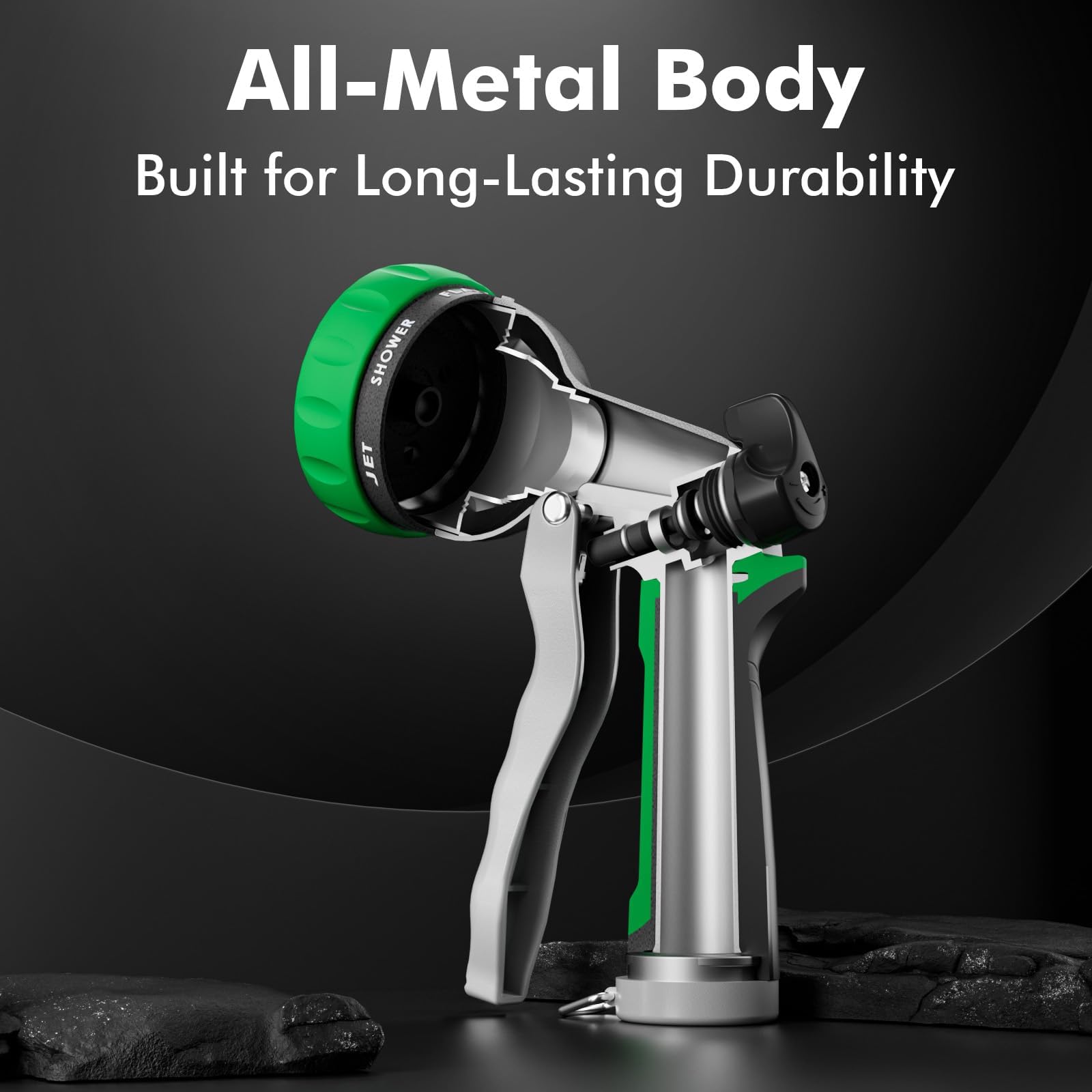 Restmo nozzle dial showcasing seven patterns for versatile watering.