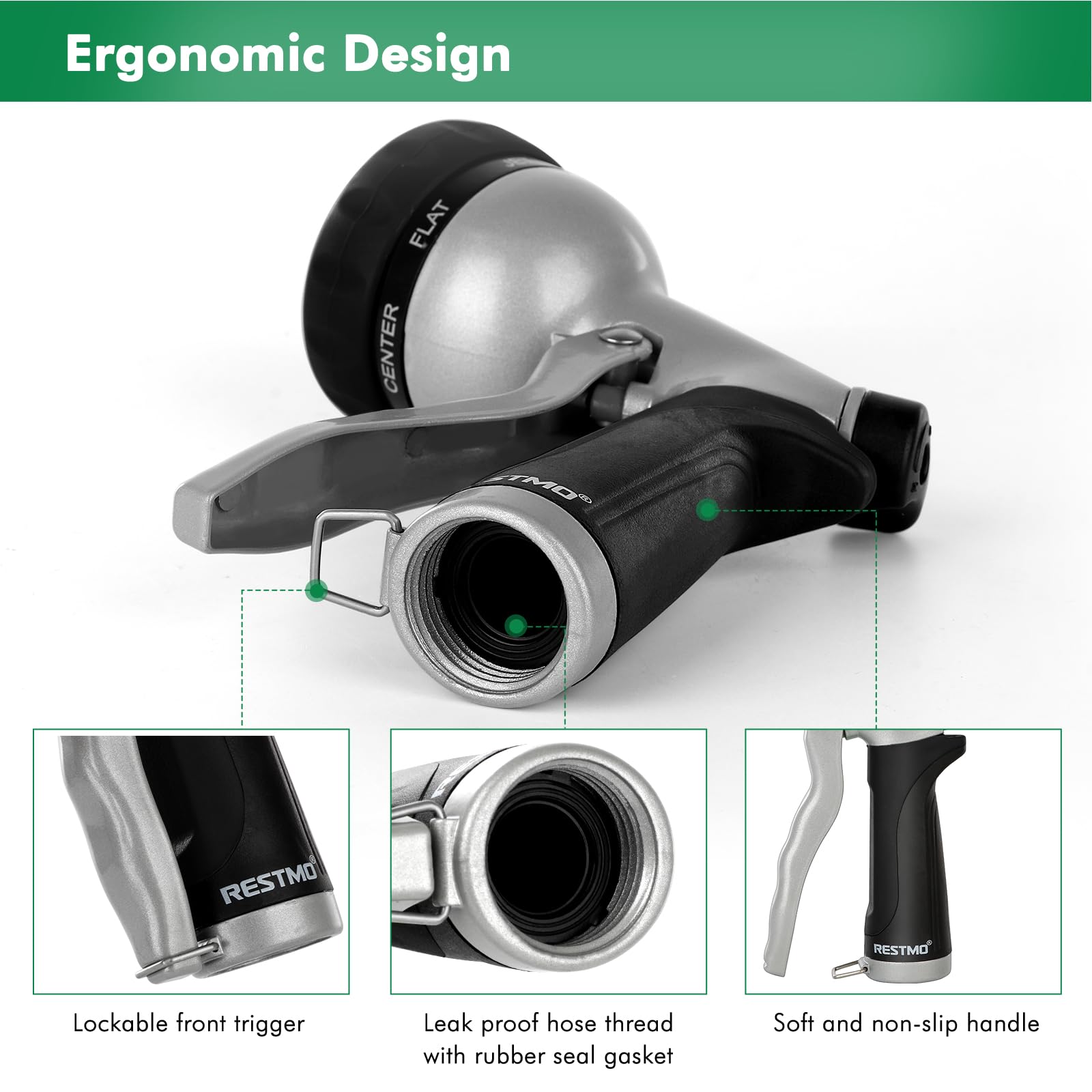 Restmo nozzle showcases ergonomic soft-grip handle reducing hand fatigue.