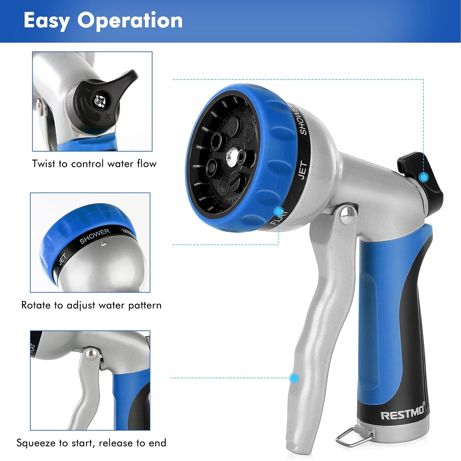 RESTMO garden hose nozzle ergonomic grip and soft TPU coating reduce hand fatigue.