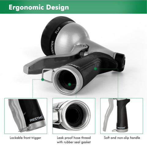 Restmo nozzle showcases ergonomic soft-grip handle reducing hand fatigue.