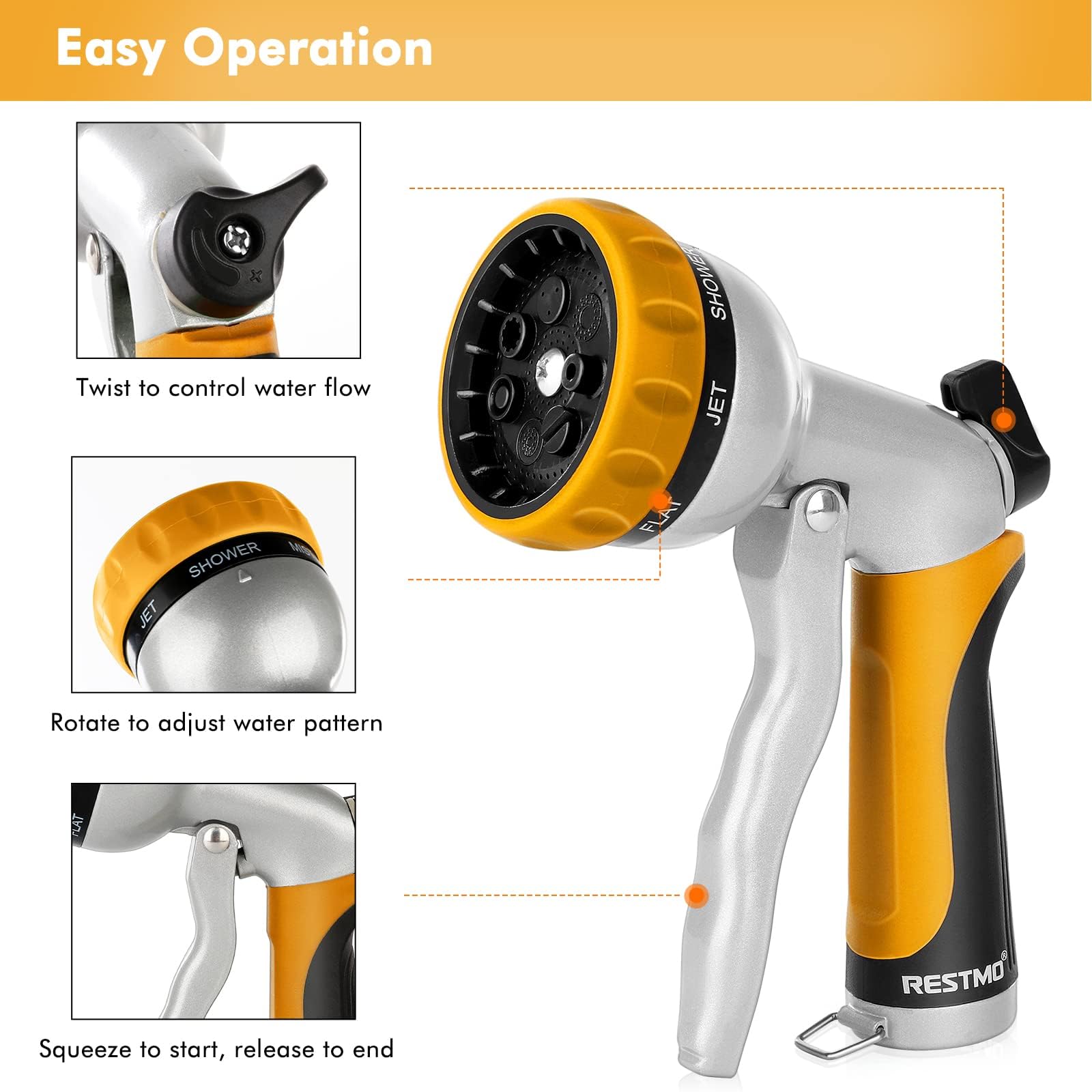 Restmo nozzle ergonomic grip with soft TPU coating reduces hand fatigue.