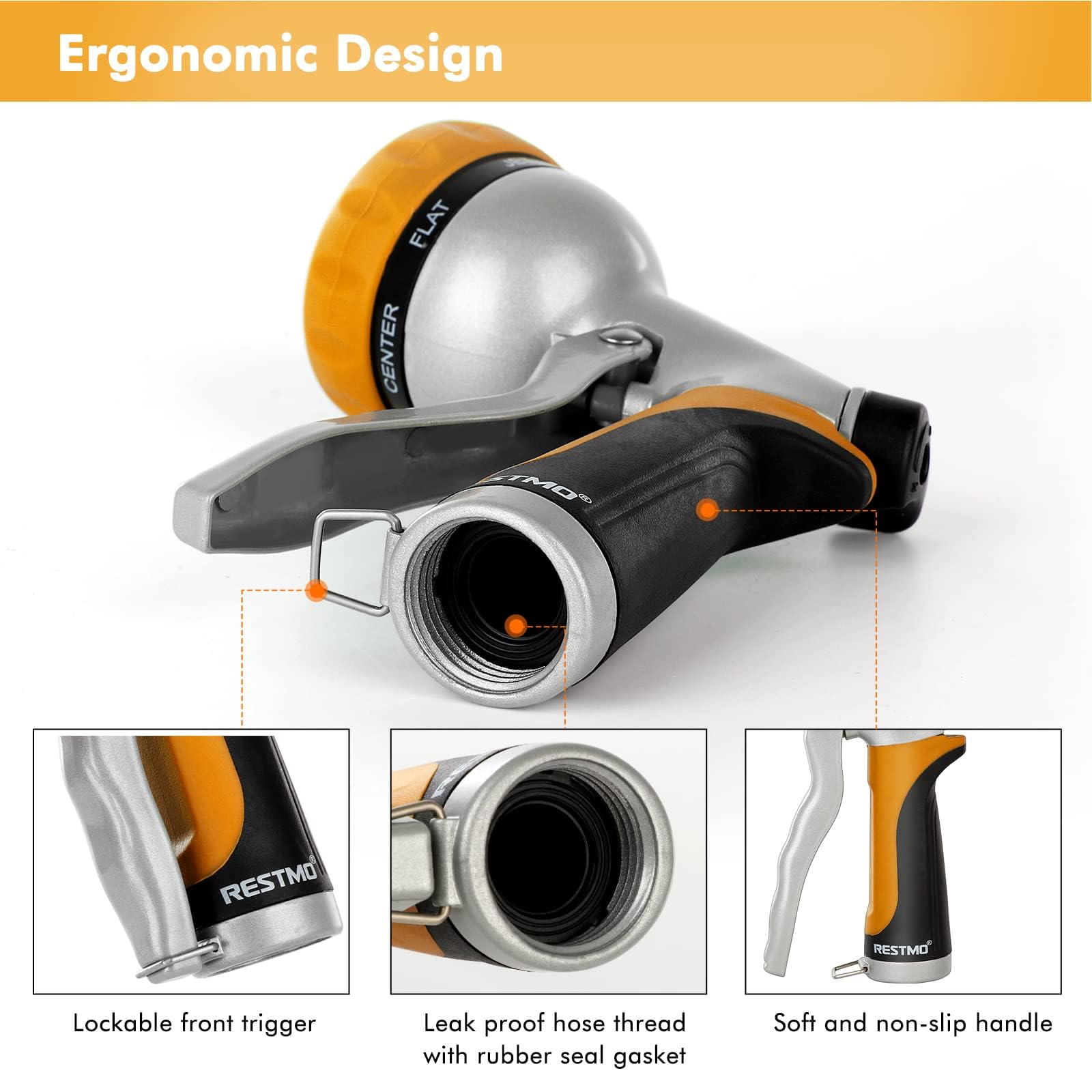 Restmo nozzle fits standard 3/4 inch NH hoses for easy setup.