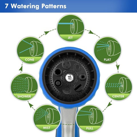 RESTMO garden hose nozzle flow control knob offering adjustable pressure for each pattern.