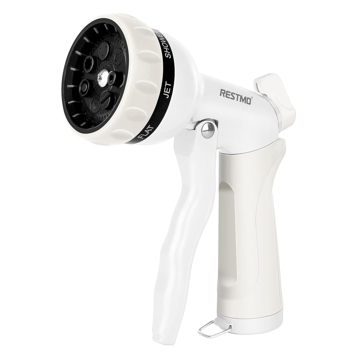 RESTMO garden hose nozzle front view shows durable metal body for outdoor tasks