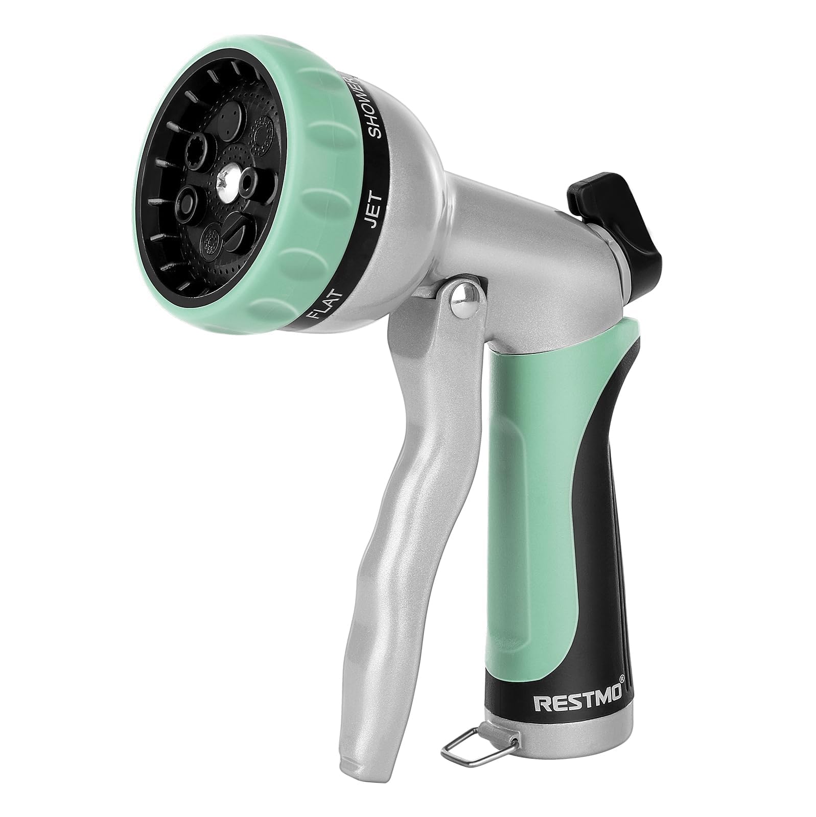 Restmo garden hose nozzle front view with resilient metal body for tough outdoor watering.