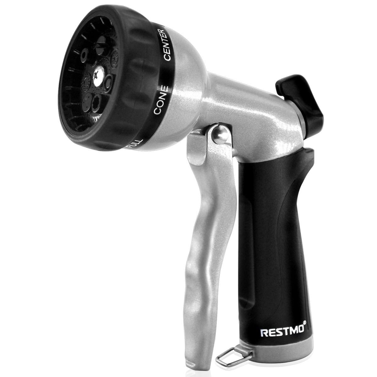 Restmo garden hose nozzle with heavy-duty metal body for durable outdoor use.