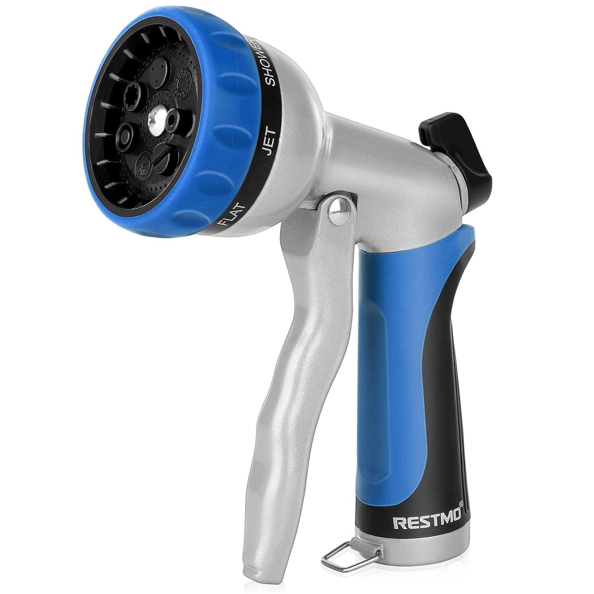 RESTMO garden hose nozzle with heavy-duty metal body for durable spraying.