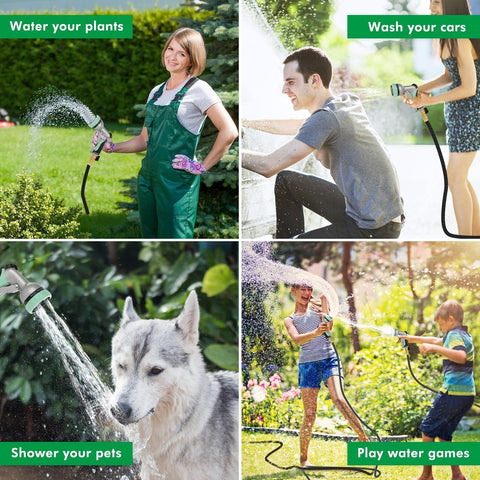 Restmo garden hose nozzle in-use watering a lawn and patio.