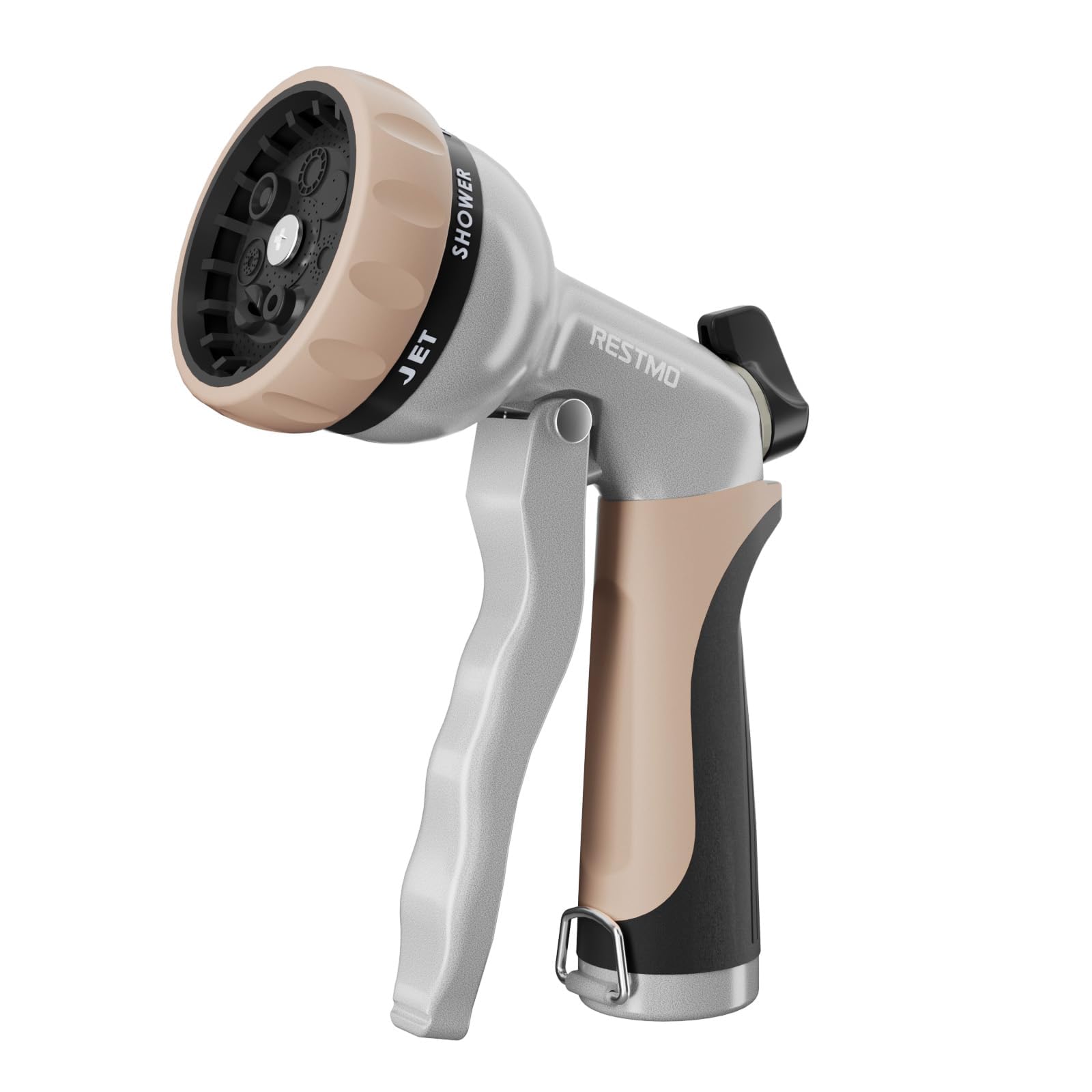 Restmo garden hose nozzle metal body highlights rugged durability for long outdoor use.